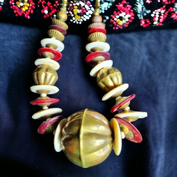 Vintage Bone and Brass Beaded Necklace - Picture 3 of 5